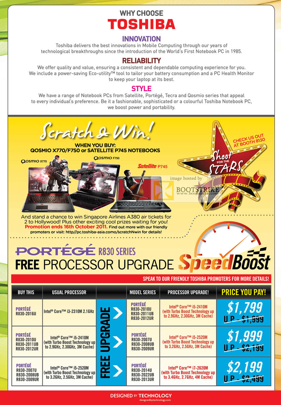 COMEX 2011 price list image brochure of Toshiba Why Choose Toshiba Scratch And Win Free Processor Upgrade