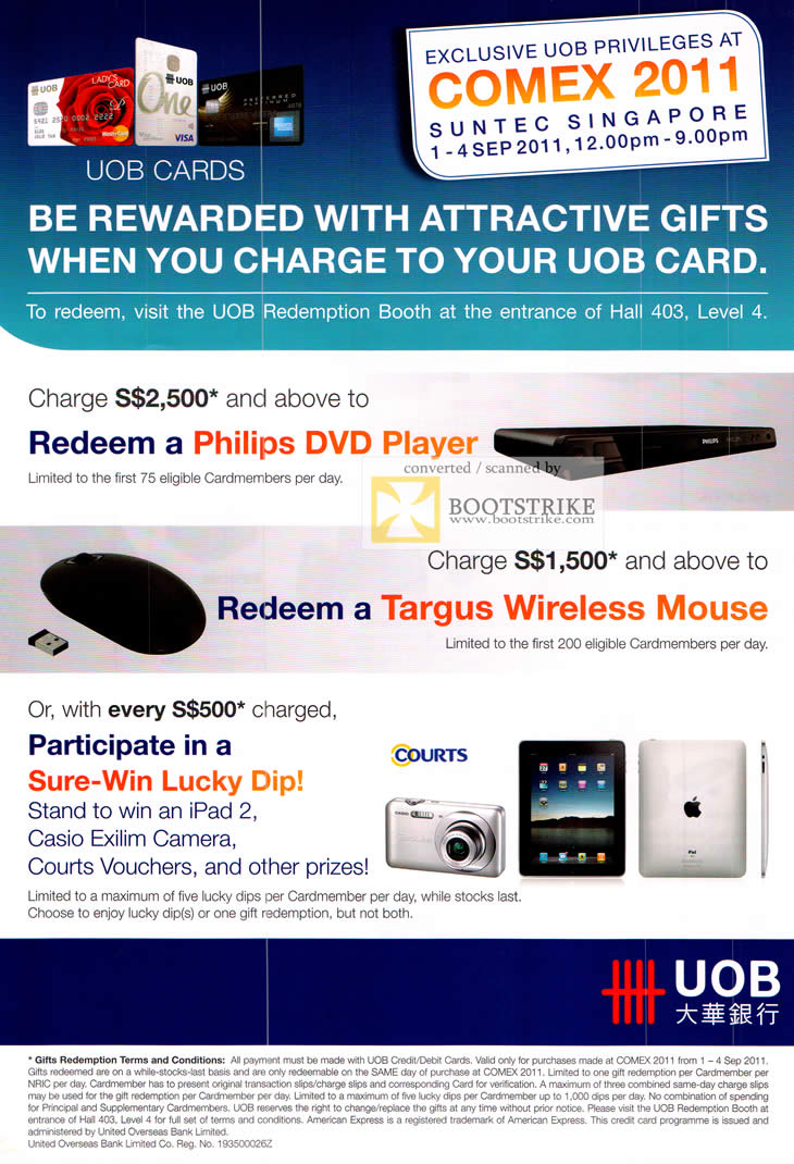 COMEX 2011 price list image brochure of UOB Charge Rewards Redeem Philips DVD Player Targus Wireless Mouse Sure Win Lucky Dip IPad 2 Casio Exilim Digital Camera