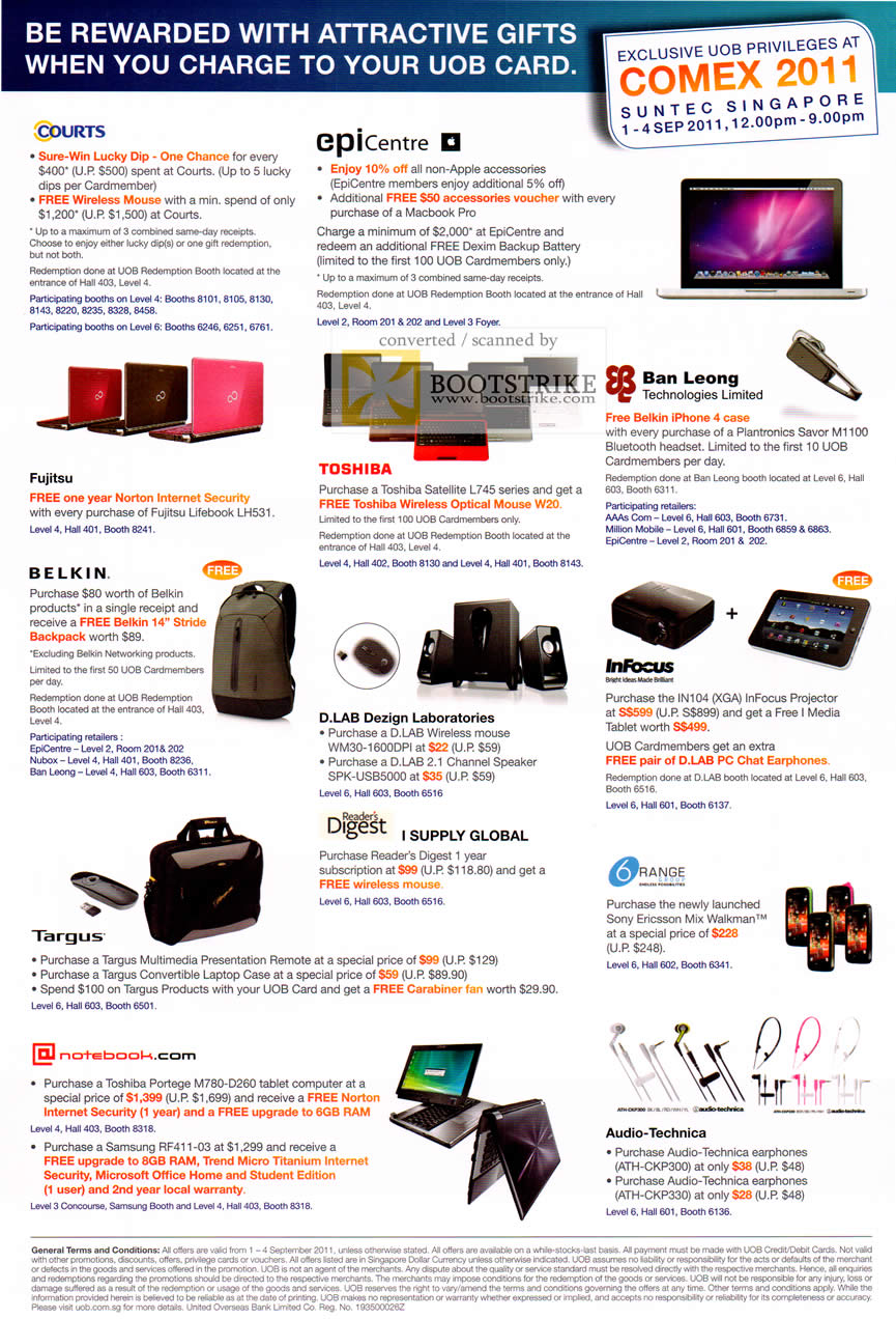 COMEX 2011 price list image brochure of UOB Rewards Courts EpiCentre Fujitsu Toshiba Ban Leong Belkin InFocus Tagus 6Range Audio Technica Notebook