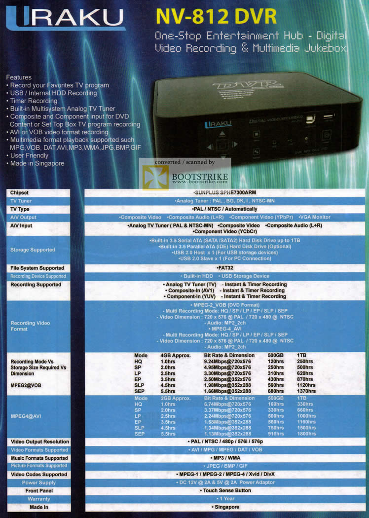 COMEX 2011 price list image brochure of Uraku NV-812 DVR Specifications Media Player Bell Systems UKC Electronics