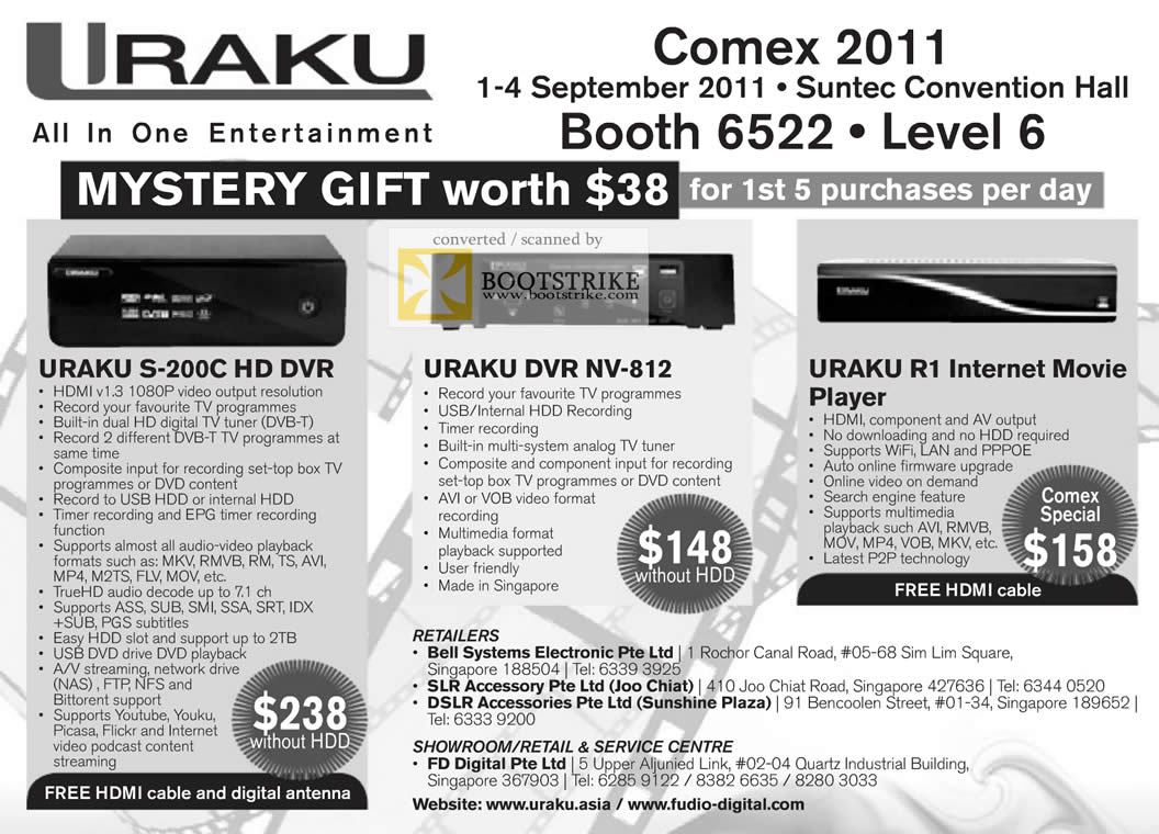 COMEX 2011 price list image brochure of Uraku S-200 DVR Media Player NV-812 R1 Internet Movie Player Bell Systems UKC Electronics