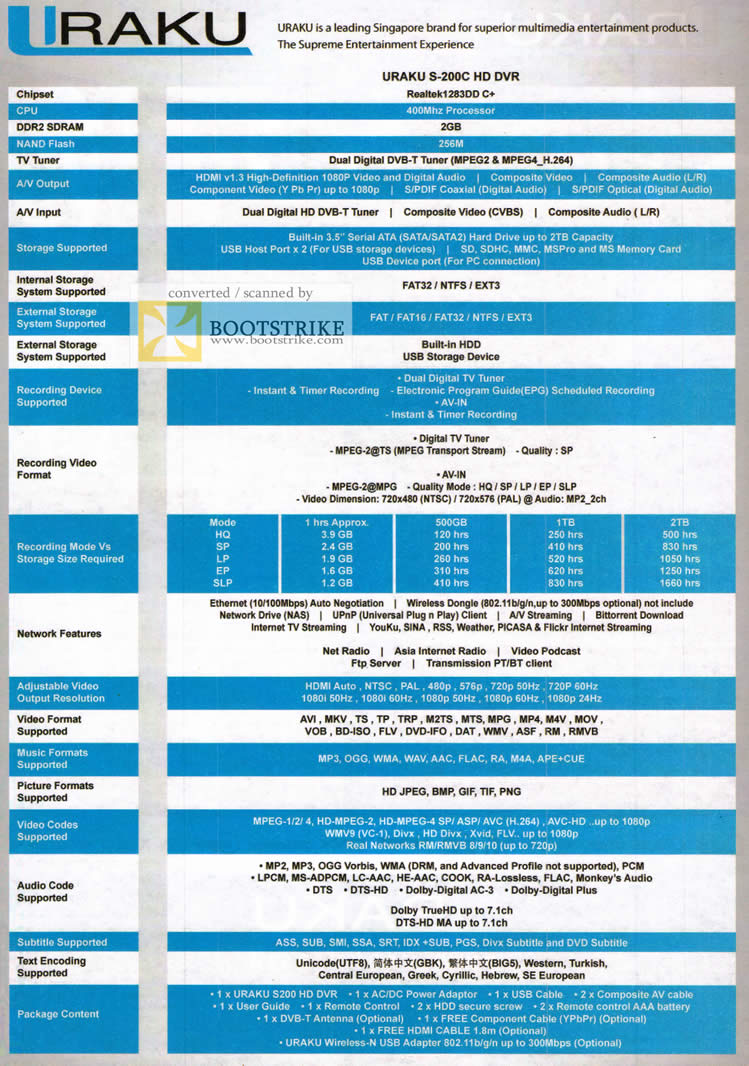 COMEX 2011 price list image brochure of Uraku S-200C HD DVR Media Player Specifications