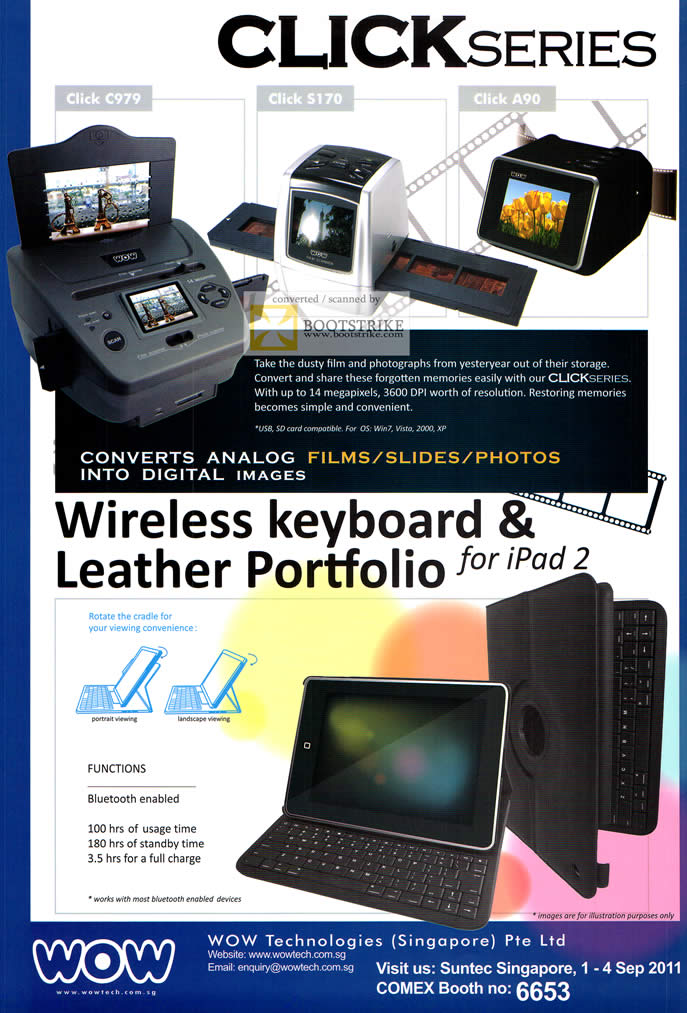 COMEX 2011 price list image brochure of Wow Click Series C979 S170 A90 Film Scanner Photograph Bluetooth Wireless Keyboard Leather Portfolio IPad 2