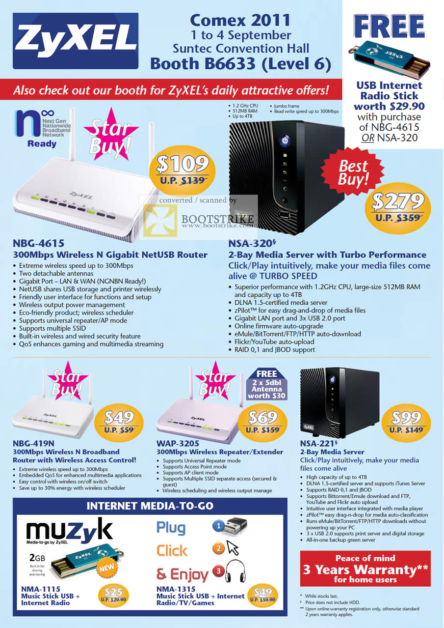 COMEX 2011 price list image brochure of Zyxel Networking Router NBG-4615 NAS NSA-320 Media Server NBG 419N WAP-3205 NSA-221 Muzyk Internet Media-To-Go NMA-1115