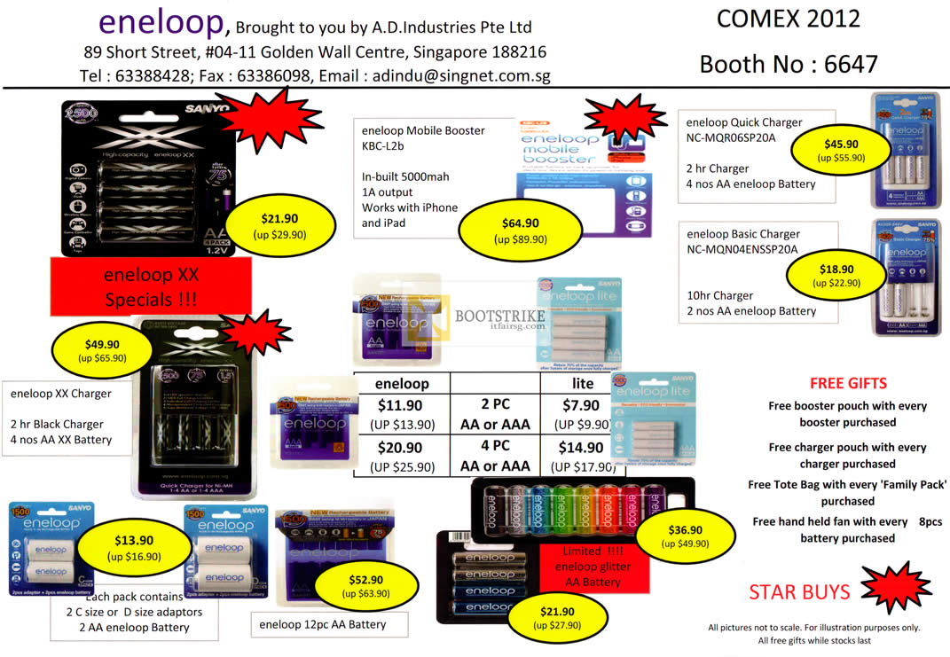 COMEX 2012 price list image brochure of A.D. Industries Eneloop Batteries XX, Charger, AA, AAA, Mobile Booster KBC-L2b, Glitter