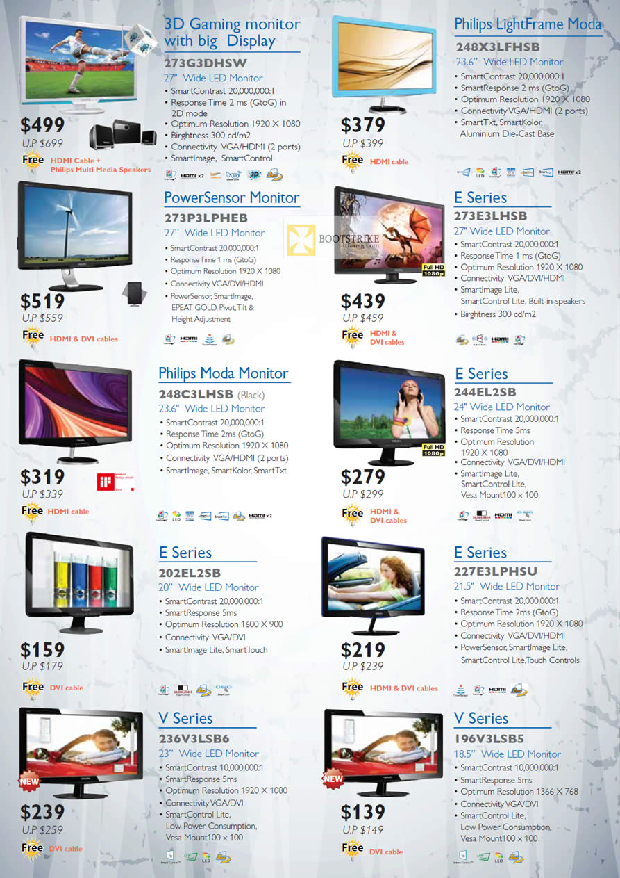 COMEX 2012 price list image brochure of AAAs Com Philips Monitors 273G3DHSW, LightFrame 248X3lFHSB, PowerSensor 273P3LPHEB, Moda 248C3LHSB, 236V3LSB6, 196V3LSB5