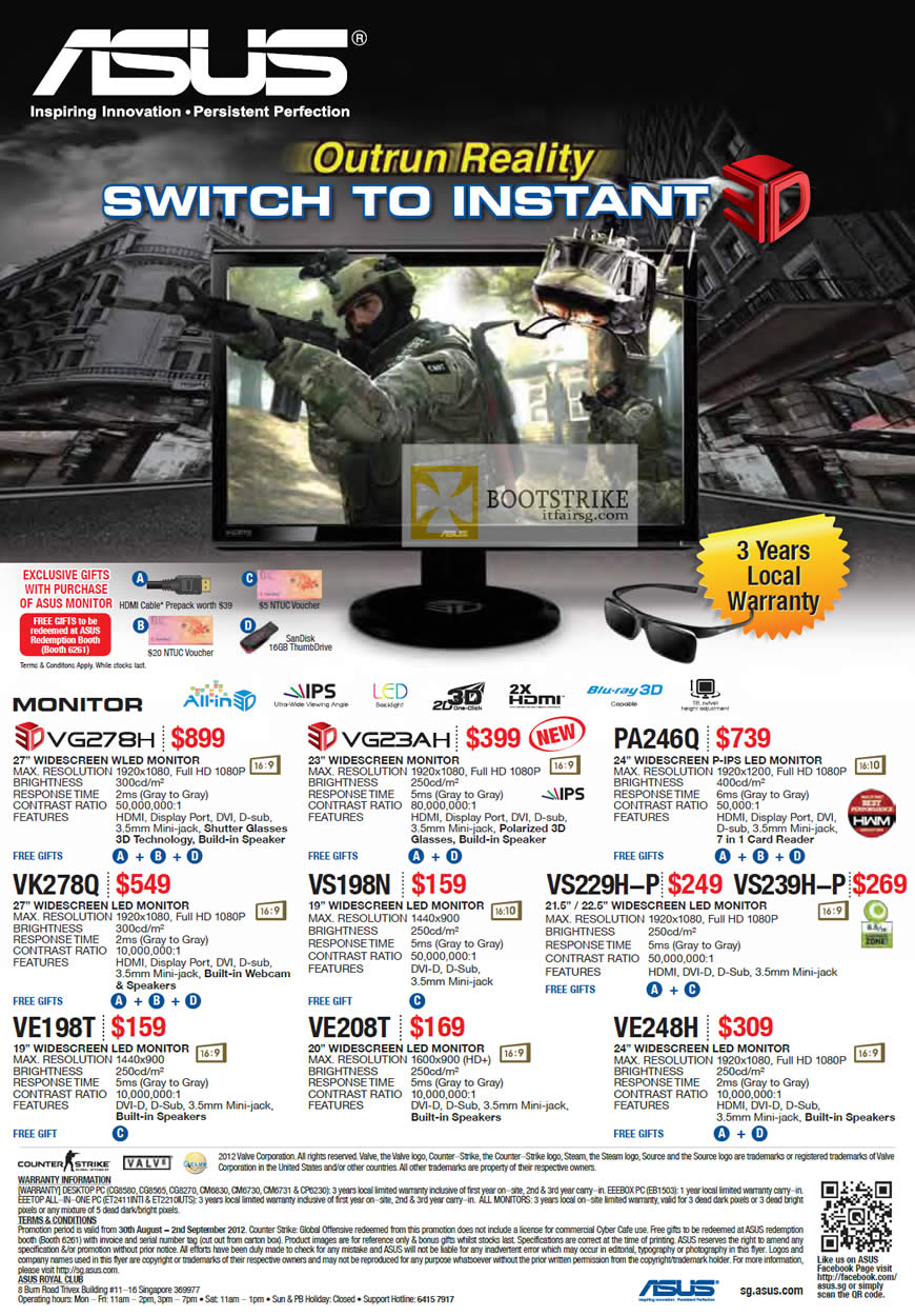 COMEX 2012 price list image brochure of ASUS LCD LED Monitors VG278H, VH23AH, PA246Q, VK278Q, VS198N, VS229H-P, VS239H-P, VE198T, VE208T, VE248H