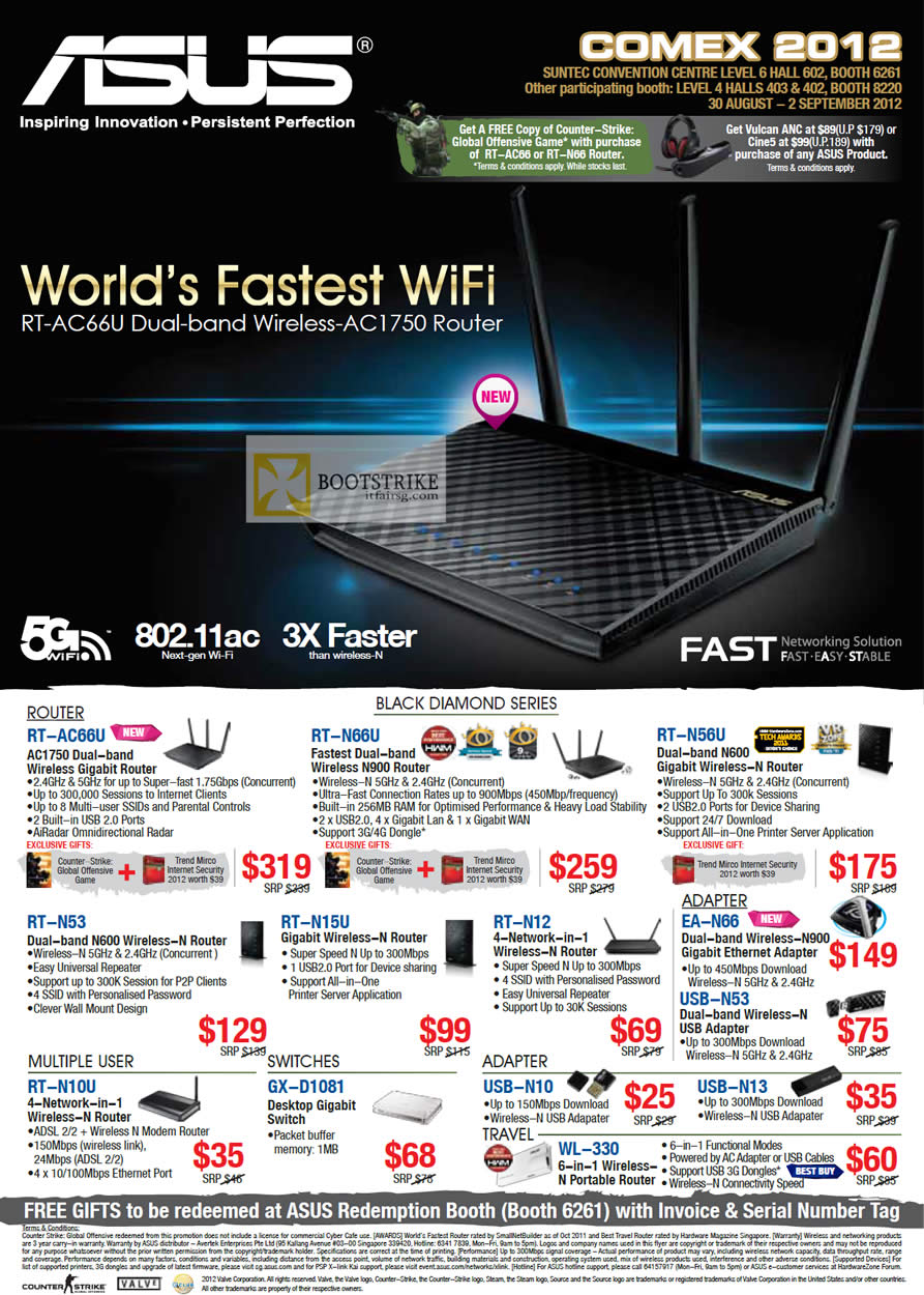 COMEX 2012 price list image brochure of ASUS Networking Routers RT-AC66U, RT-N66U, RT-N56U, RT-N53, RT-N15U, RT-N12, USB Wireless Adapter, Switch, WL-330 Portable