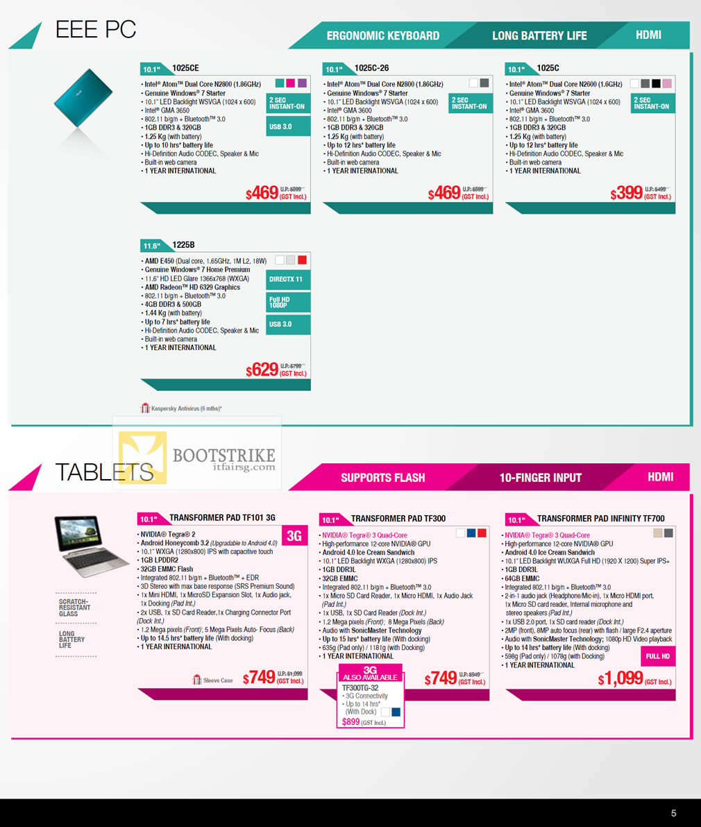 COMEX 2012 price list image brochure of ASUS Notebooks Eee PC 1025CE 1025C-26, 1025C, 1225B, Tablets Transformer Pad TF101, TF300, Pad Infinity TF700