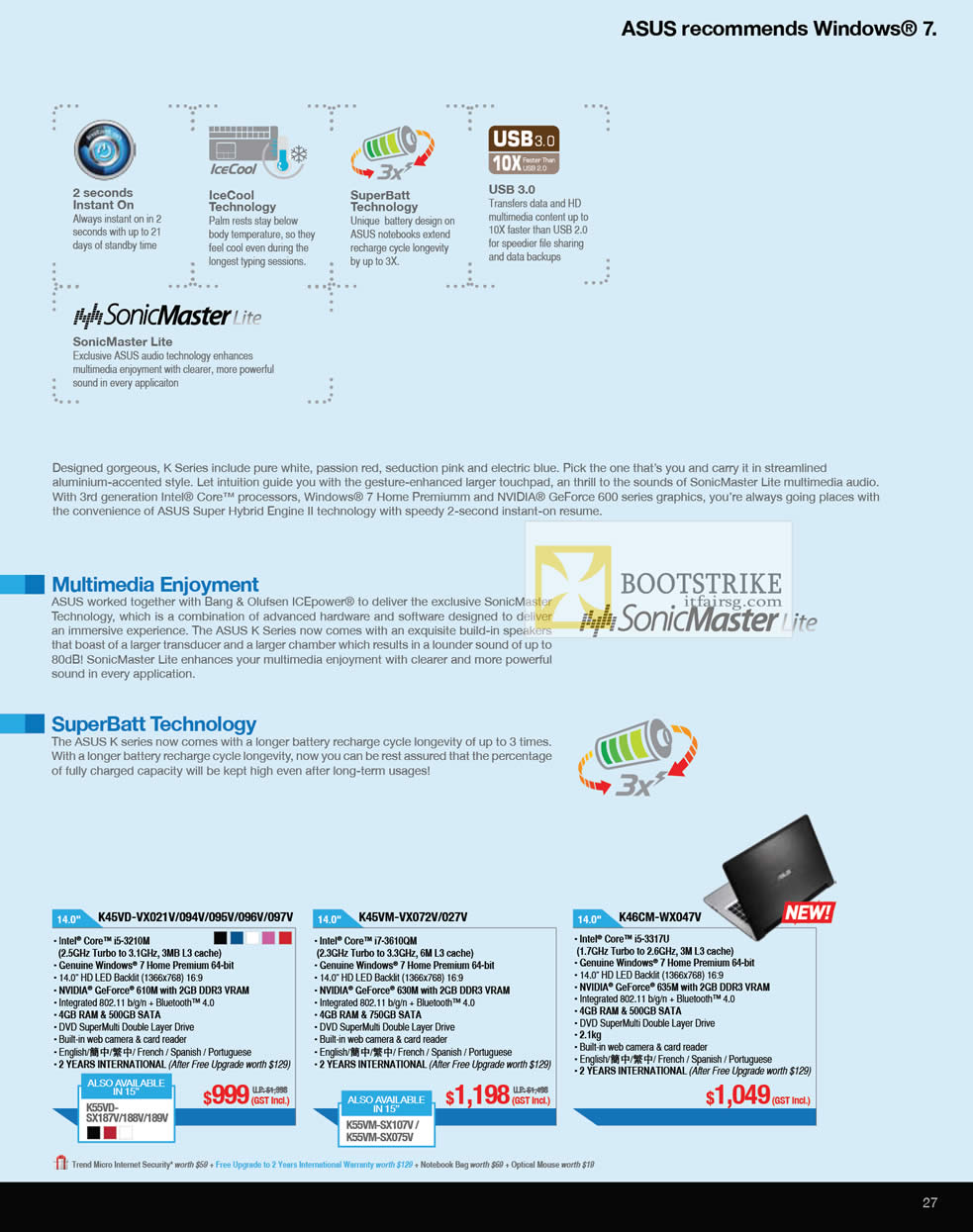 COMEX 2012 price list image brochure of ASUS Notebooks K Series SonicMaster, SuperBatt, IceCool, K45VD-VX021V 094V 095V 096V 097V, K45VM-VX072V 027V, K46CM-WX047V