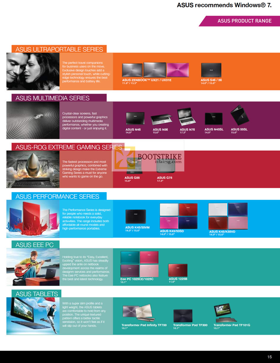COMEX 2012 price list image brochure of ASUS Notebooks Series Ultraportable, Multimedia, ROG Extreme Gaming, Performance, Eee PC, Tablets