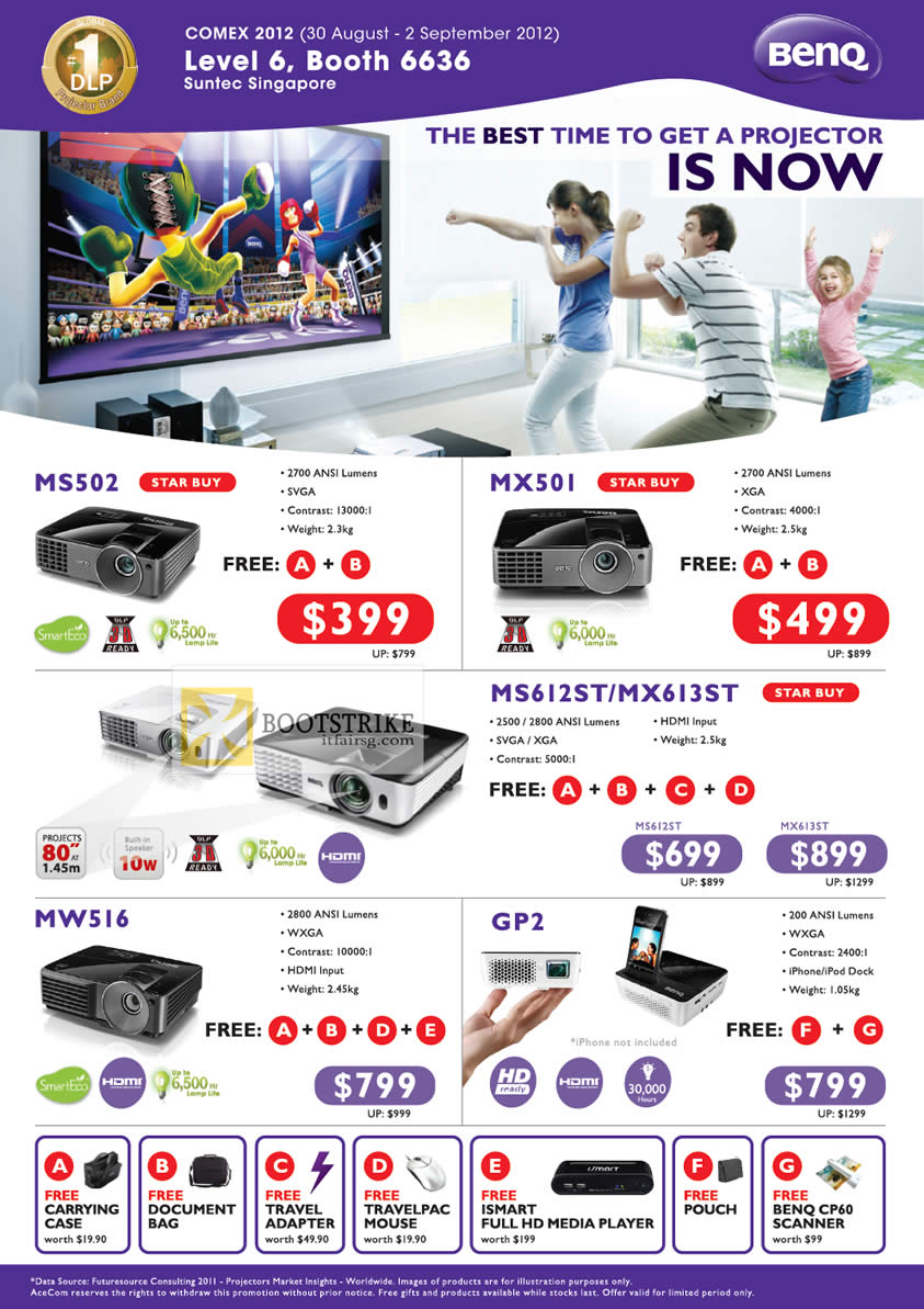 COMEX 2012 price list image brochure of AceCom BenQ Projectors MS502, MX501, MW516, GP2, MS612ST, MX613ST
