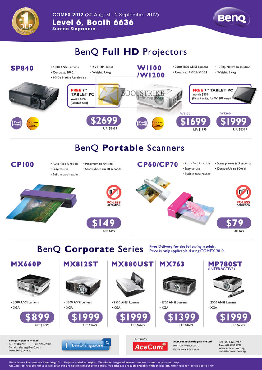 COMEX 2012 price list image brochure of AceCom BenQ Projectors SP840, W1100, W1200, MX660P, MX812ST, MX880UST, MX763, MP780ST, Portable Scanners, CP100, CP60, CP70