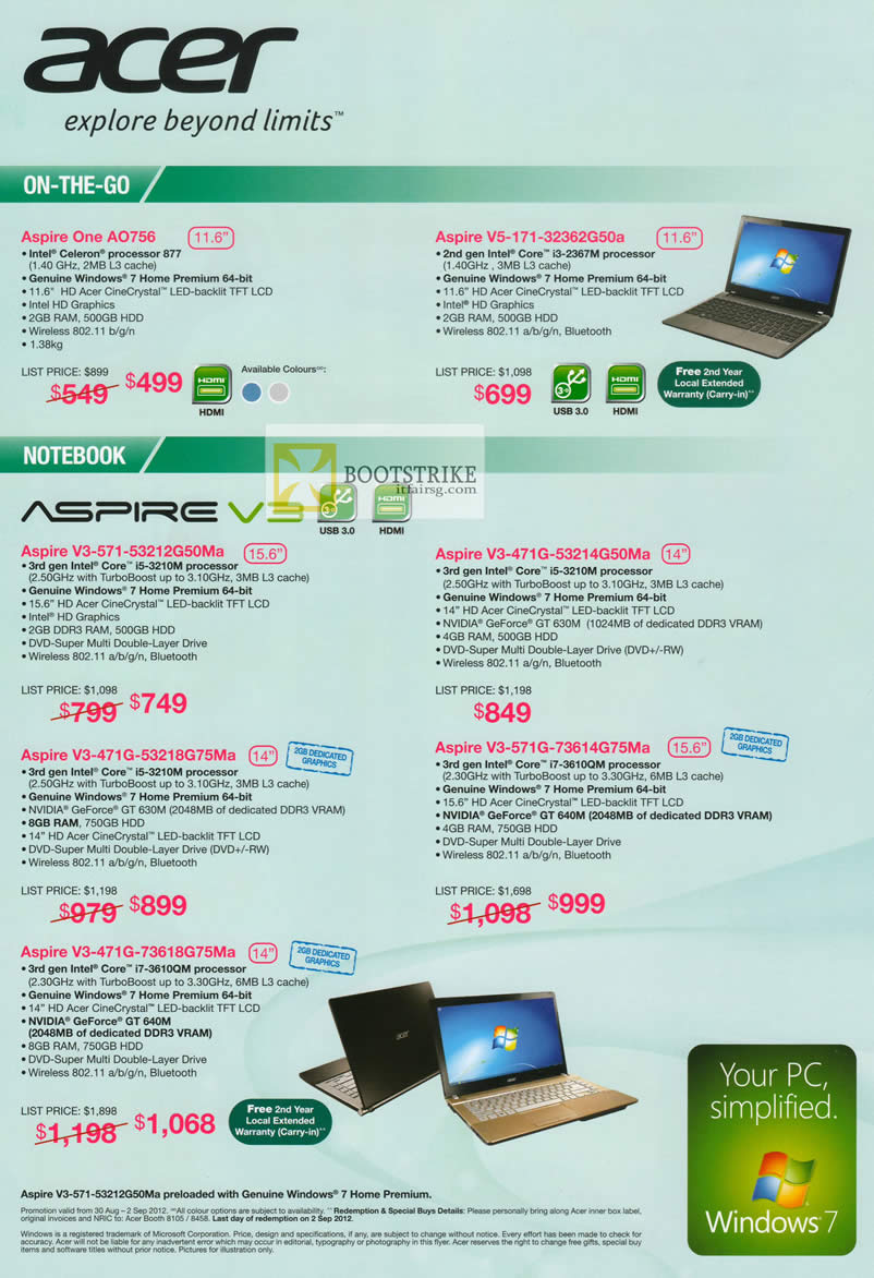 COMEX 2012 price list image brochure of Acer Notebooks Aspire One A0756, V5-171-32362G50a, V3-471G-53214G50Ma, V3-571-53212G50Ma, V3-471G-53218G75Ma, V3-571G-73614G75Ma, V3-471G-73618G75Ma