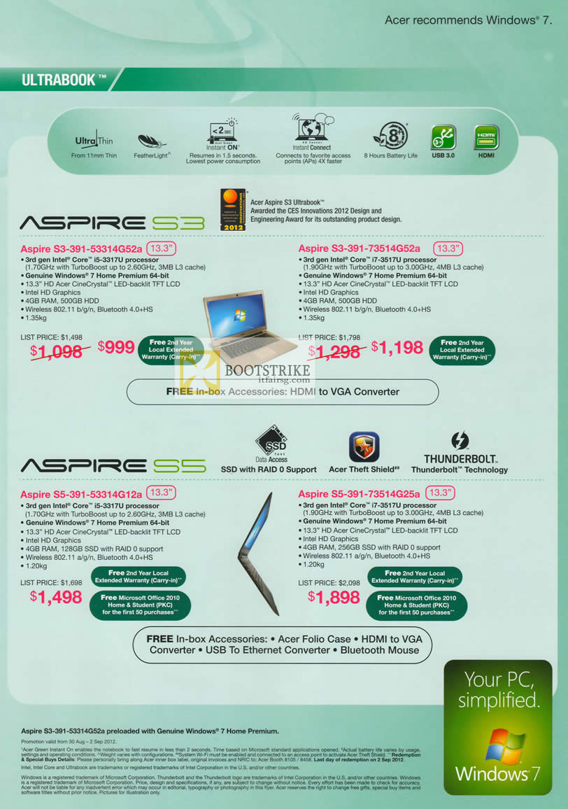 COMEX 2012 price list image brochure of Acer Notebooks Aspire S3, S5 Ultrabook, Aspire S3-391-53314G52a, S3-391-73514G52a, S5-391-53314G12a, S5-391-73514G25a