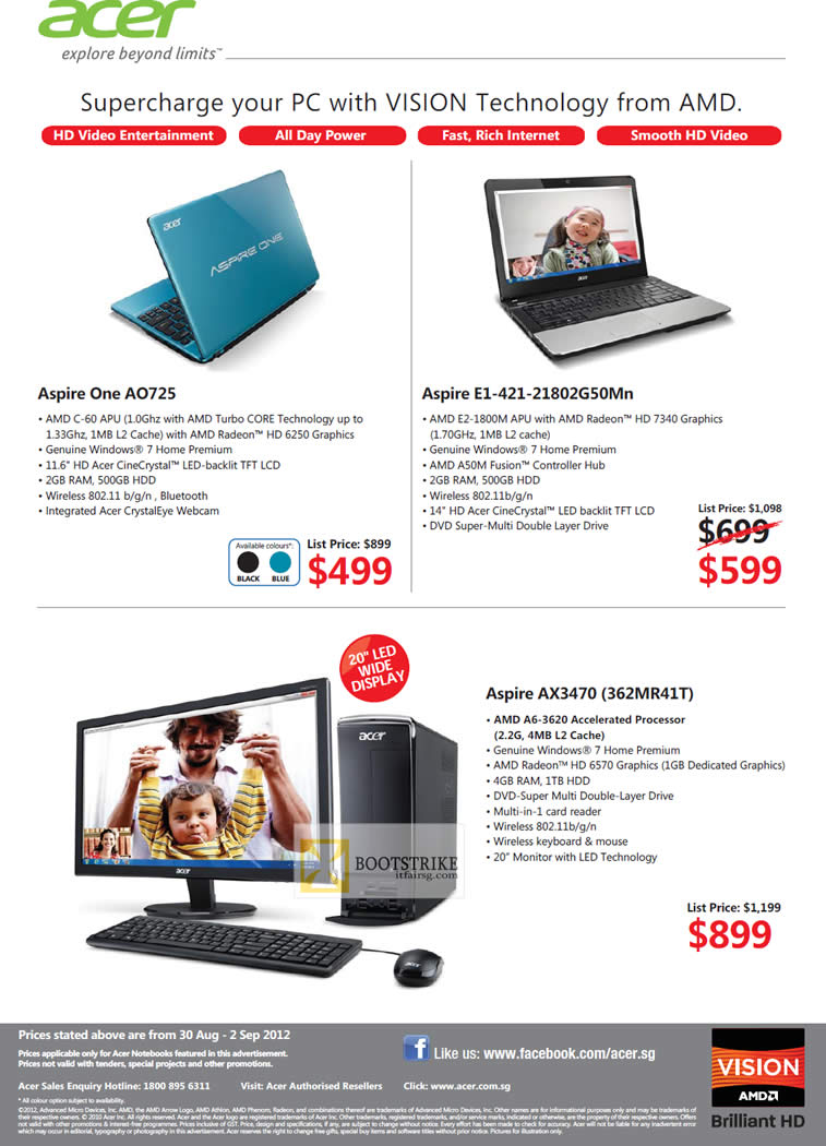 COMEX 2012 price list image brochure of Acer Notebooks Desktop PCs, Aspire AX3470 362MR41T, AO725, E1-421-21802G50Mn