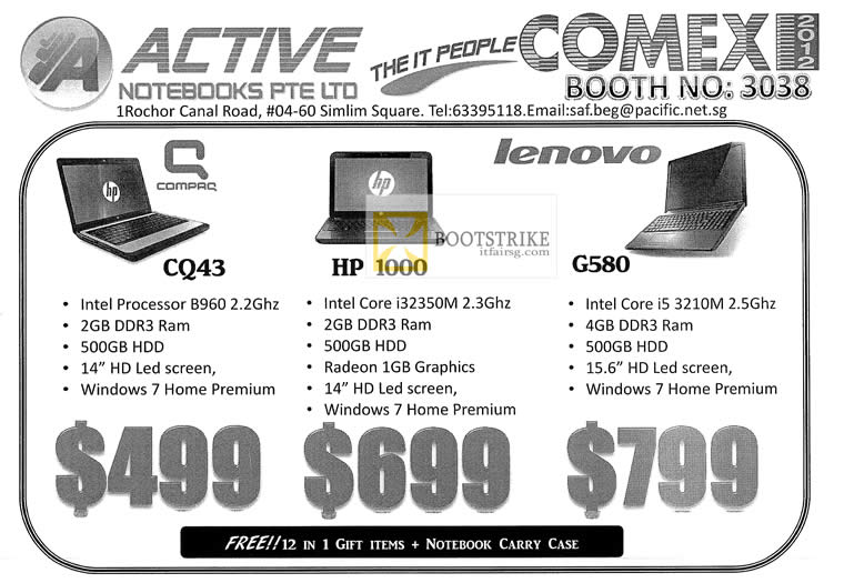 COMEX 2012 price list image brochure of Active Notebooks Compaq CQ43, HP 1000, Lenovo G580
