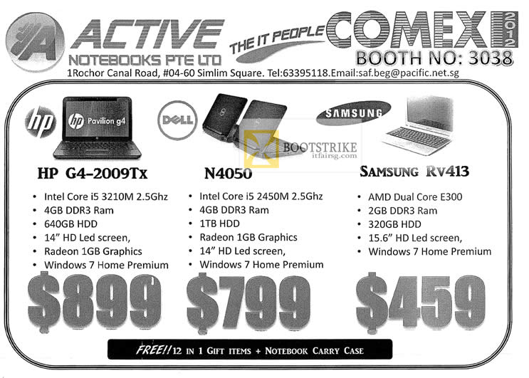 COMEX 2012 price list image brochure of Active Notebooks HP G4-2009TX, Dell N4050, Samsung RV413
