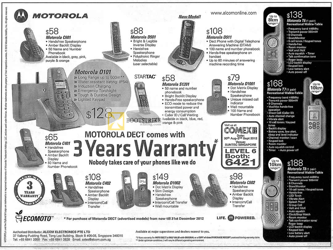 COMEX 2012 price list image brochure of Alcom Motorola Phones C601 D501 D511 O101 S1201 D1001 C401 C402 D1002 C602, Walkie Talkie T6 T7 T8