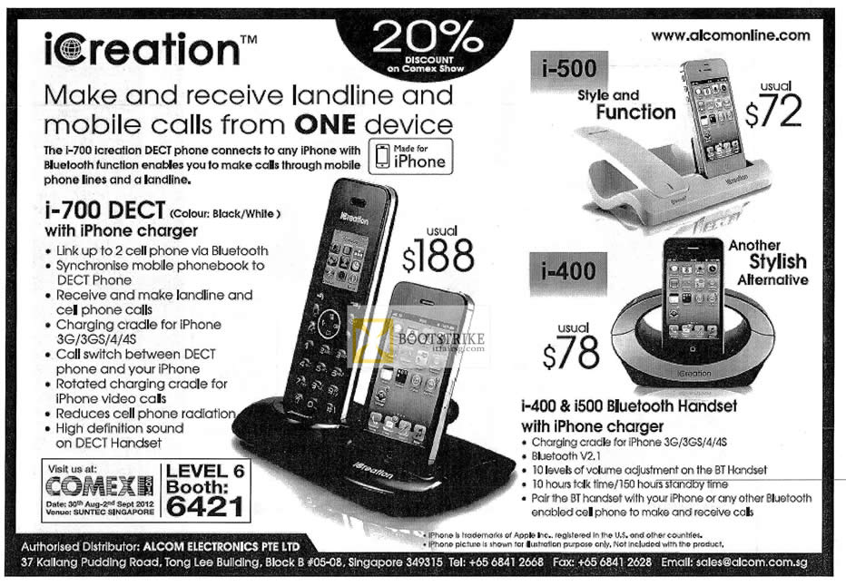 COMEX 2012 price list image brochure of Alcom ICreation Dect Phones I-700, I-500, I-400 Bluetooth Handset