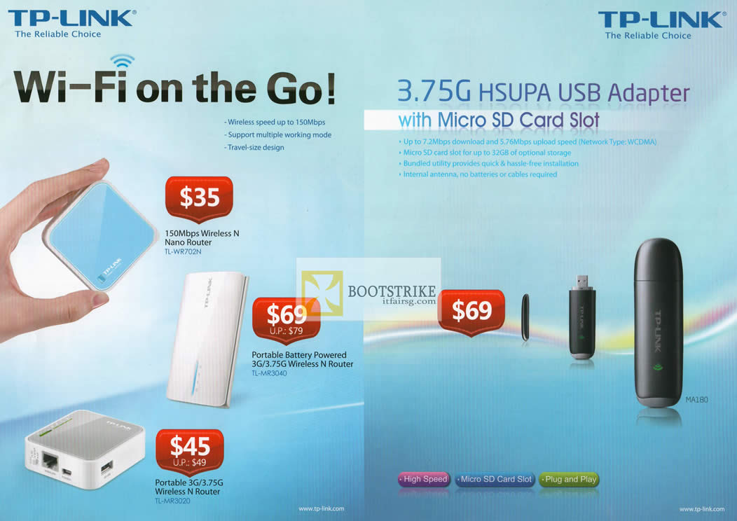 COMEX 2012 price list image brochure of Asia Radio TP-Link Networking Nano Router TL-WR702N, Battery 3G TL-MR3040, MR3020, USB HSUPA Adapter MicroSD
