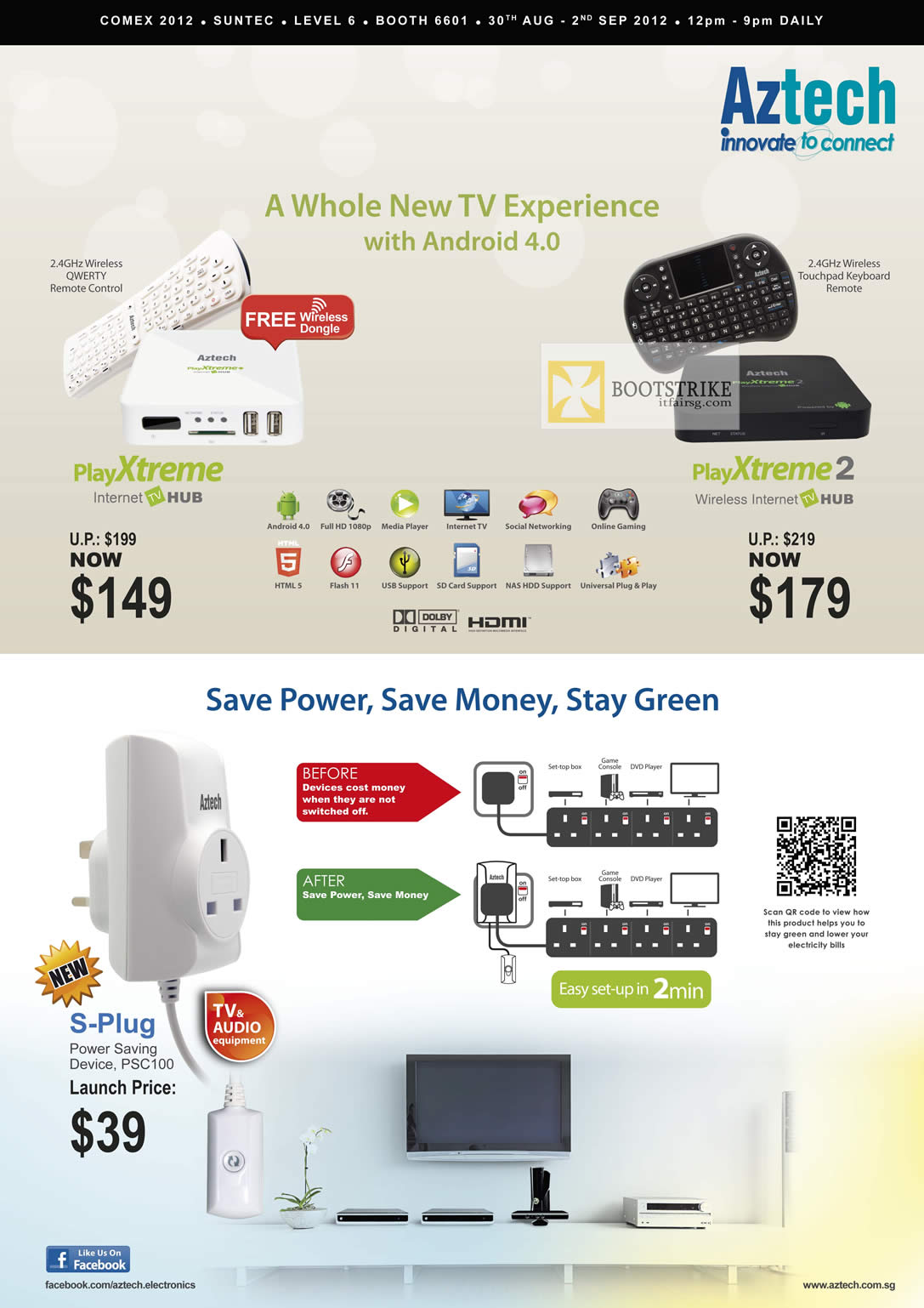 COMEX 2012 price list image brochure of Aztech Media Player PlayXtreme Internet Hub, PlayXtreme 2 Internet TV Hub, S-Plug PSC100
