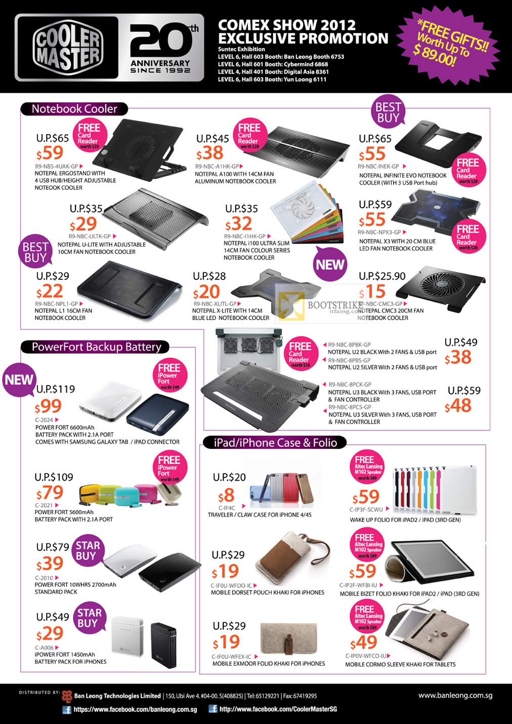 COMEX 2012 price list image brochure of Ban Leong Cooler Master Notebook Coolers Cooling Pad Notepa, Infinite, X3, U-Lite, PowerFort Battery Charger, IPad IPhone Case Folio