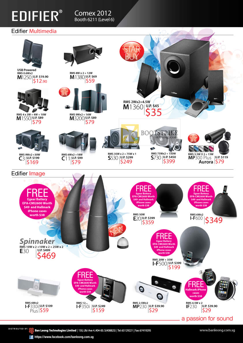 COMEX 2012 price list image brochure of Ban Leong Edifier Speakers M1250, M1380, M1550, M3200, M1360, C3, C11, S530, S730, MP300, E30, E20, I-F600, I-F330i, I-F350i, MP230, IF230