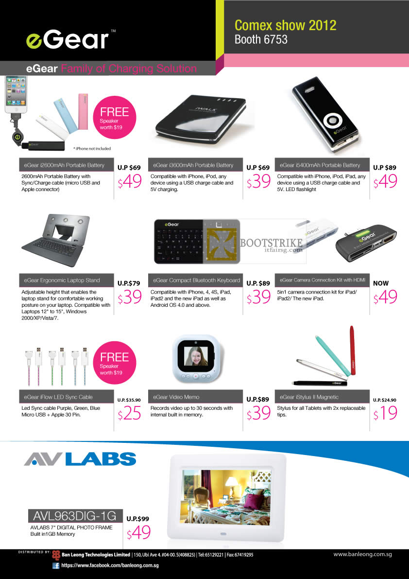 COMEX 2012 price list image brochure of Ban Leong EGear Portable Battery Charger, Keyboard, Stylus, IFlow LED Sync Cable, Laptop Stand