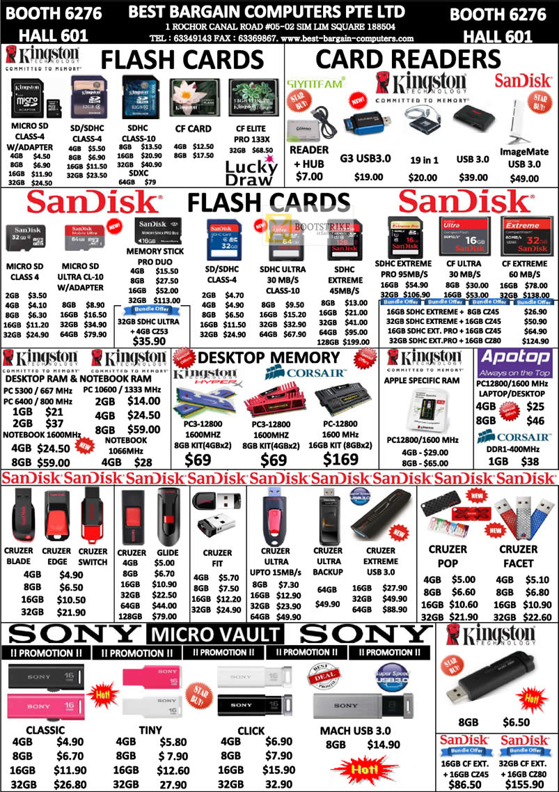 COMEX 2012 price list image brochure of Best Bargain Flash Memory Cards Kingston MicroSD, CompactFlash, Card Reader, SDHC Sandisk, Cruzer, RAM Memory, Apotop Corsair, Sony Micro Vault Drive