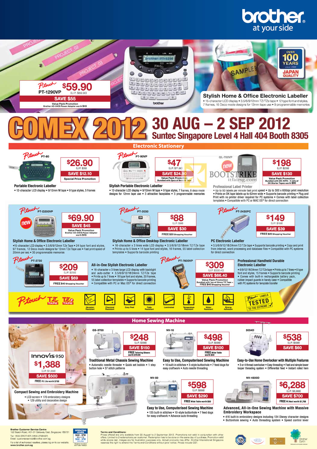 COMEX 2012 price list image brochure of Brother Label Printer P-Touch PT-80 90VP, QL700VP, PT2430PC, 2030 D200VP, Sewing Machine Innovis 950, GS-3700, NV-10, 3034D, NV-50, NV-4500D