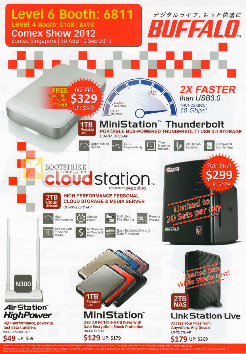 COMEX 2012 price list image brochure of Buffalo External Storage MiniStation Thunderbolt, Cloudstation Pogoplug, Airstation HighPower Router, MiniStation, LinkStation Live