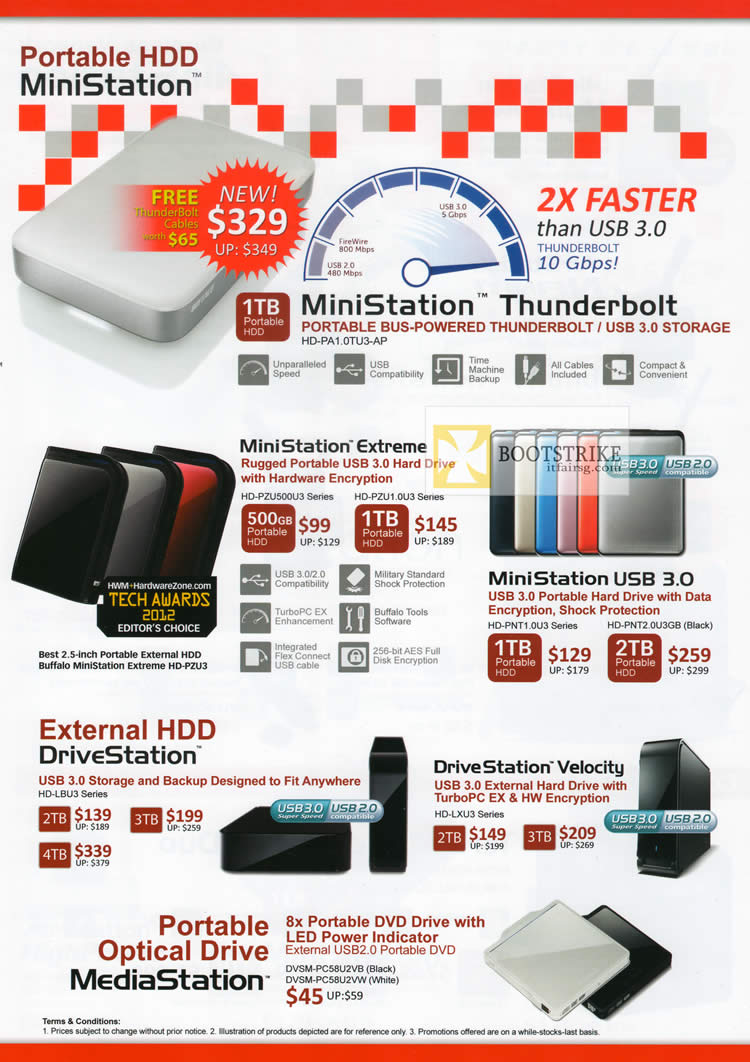 COMEX 2012 price list image brochure of Buffalo External Storage MiniStation Thunderbolt, Extreme, DriveStation, Velocity TurboPC, MediaStation External Optical Drive
