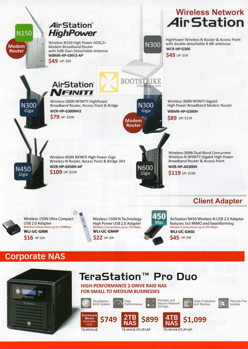 COMEX 2012 price list image brochure of Buffalo Networking Wireless AirStation HighPower Routers AirStation NFiniti N150 N300 Giga N600 N450, NAS Terastation Pro Duo