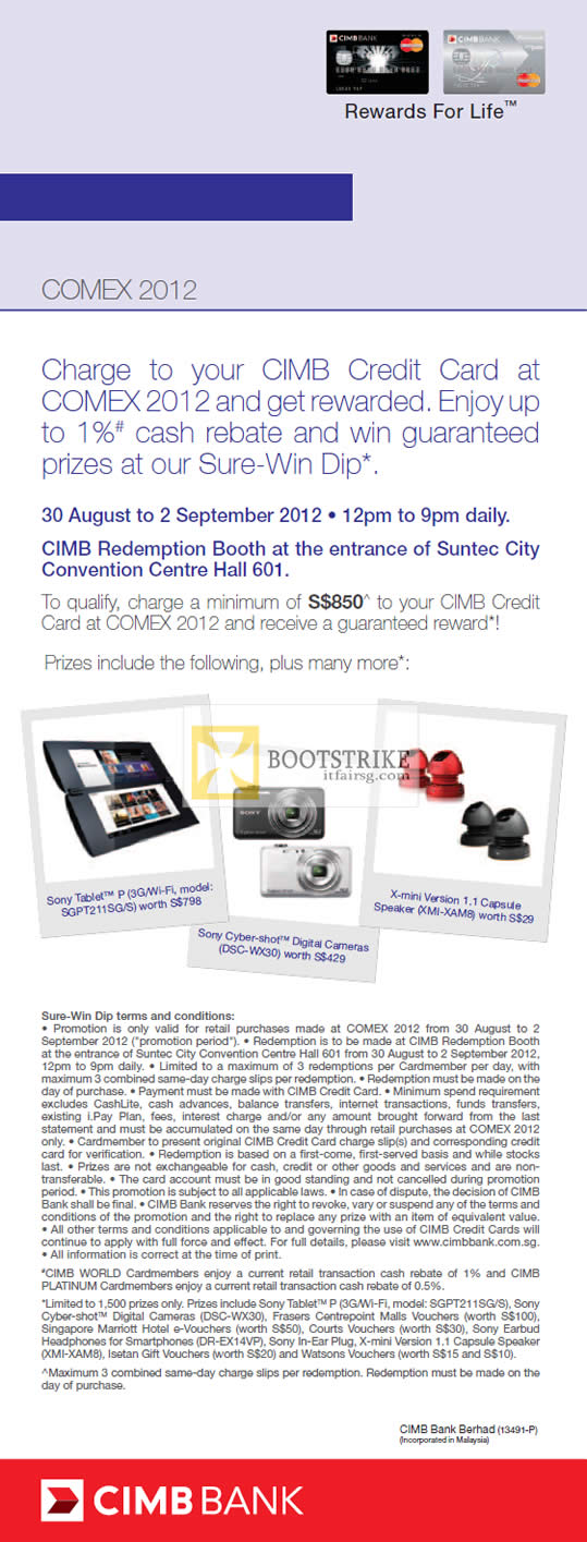 COMEX 2012 price list image brochure of CIMB Credit Card Rewards, Cash Rebate, Sure-Win Dip
