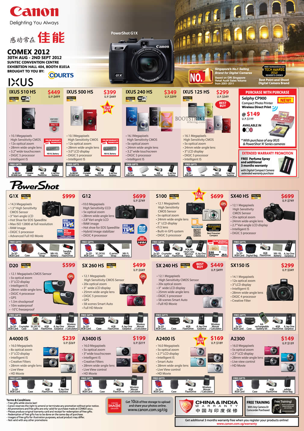 COMEX 2012 price list image brochure of Canon Digital Cameras Ixus 510 HS 500 HS 240 HS 125 HS, PowerShot G1X G12 S100 SX40 HS D20 SX 240 260 SX150 IS, A4000 IS A3400 A2400 A2300