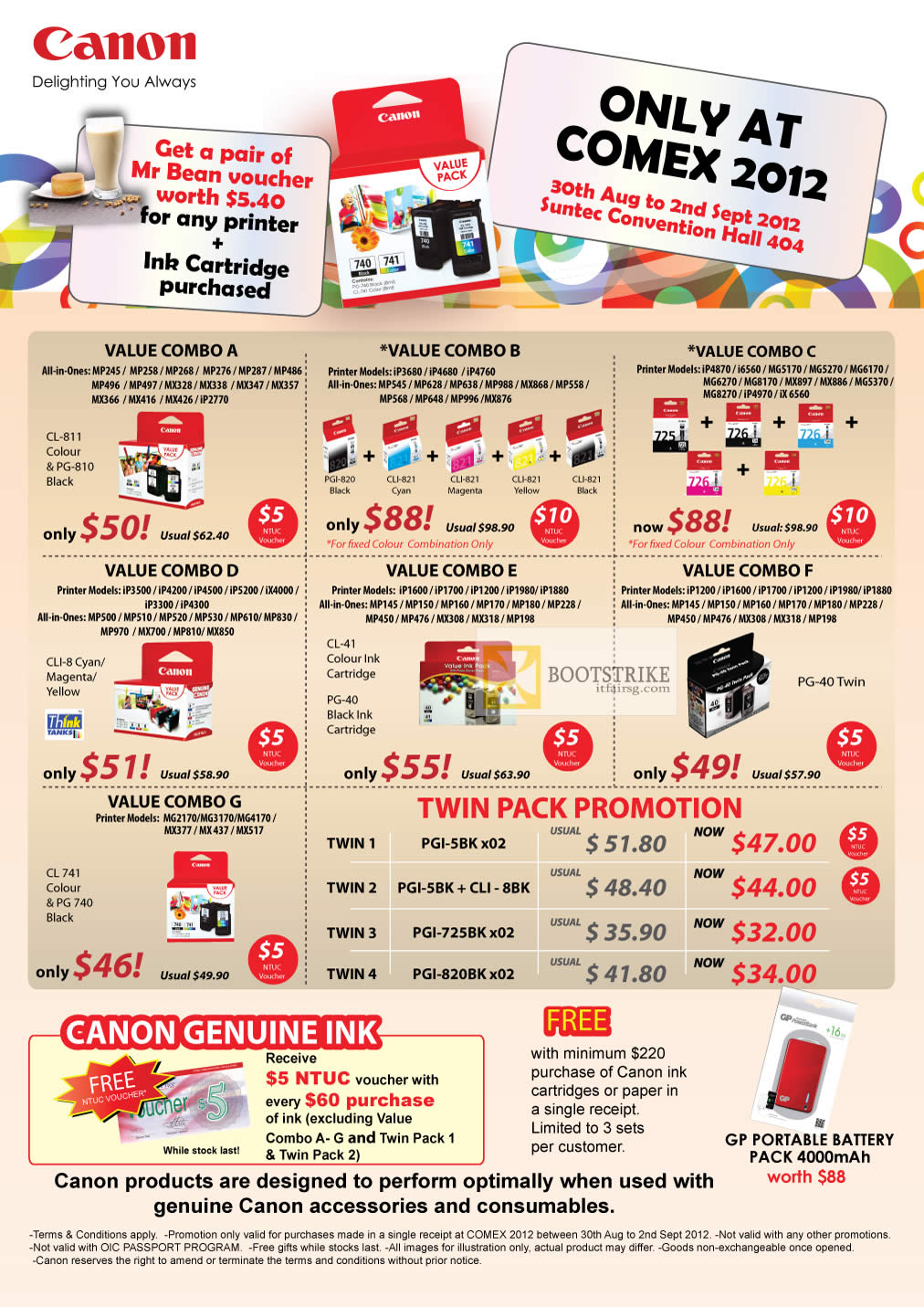 COMEX 2012 price list image brochure of Canon Printers Ink Cartridges Value Combos, Twin Packs