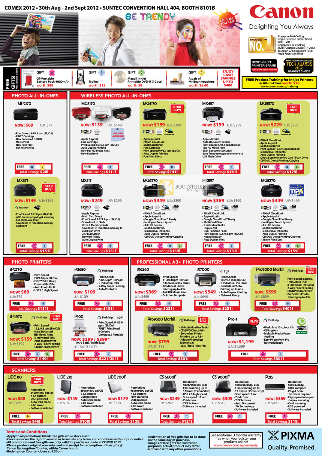 COMEX 2012 price list image brochure of Canon Printers Inkjet Pixma MP2170 MG3170 MX517 MG8270 MX377, IP4970 IP100, IX6560 IX7000 Pro9000 MarkII, Pro-1, Scanners Lide 110 210 700F CS 5600F