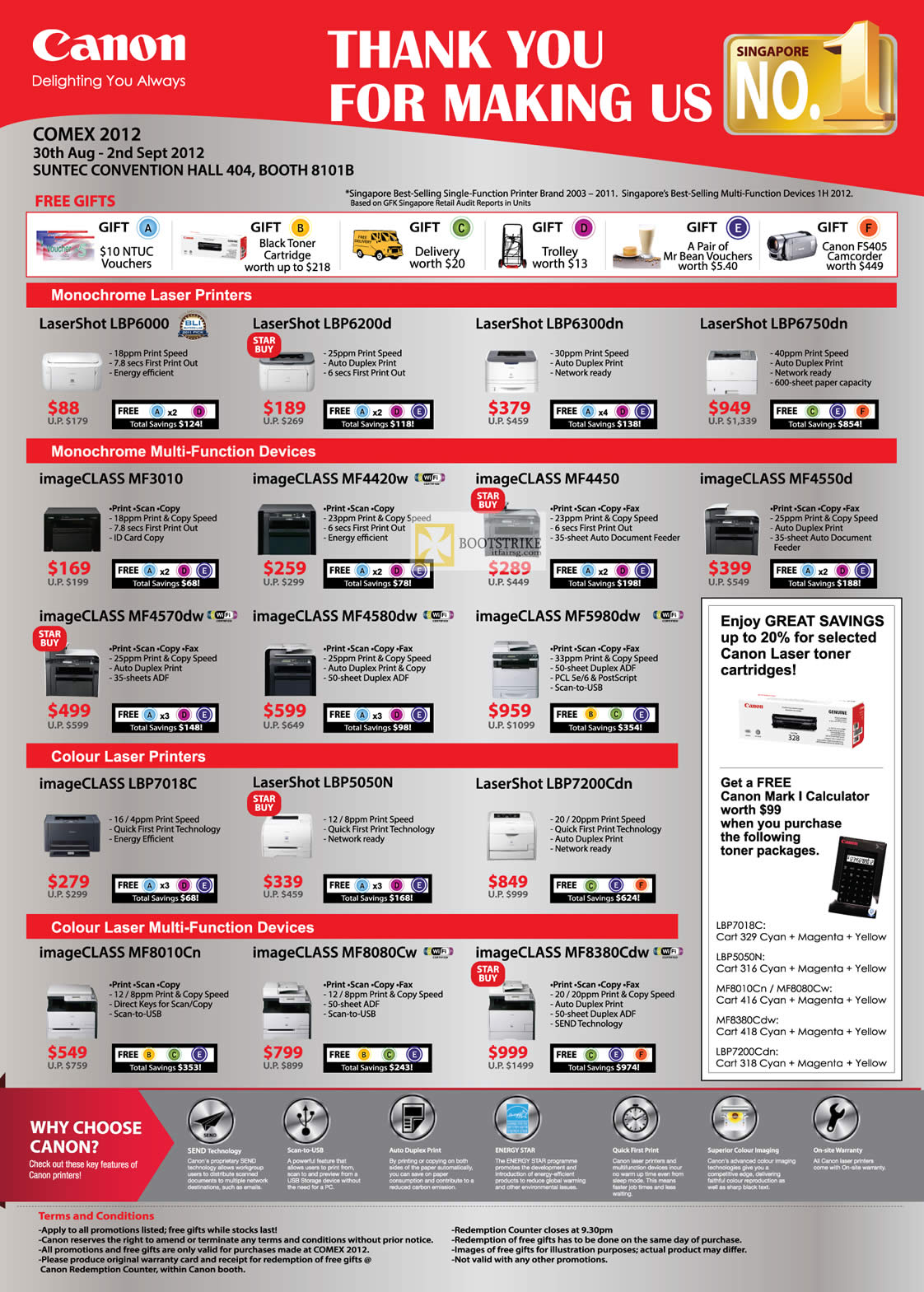 COMEX 2012 price list image brochure of Canon Printers Laser LaserShot LBP6000 LBP 6200D LBP6750DN, ImageCLASS MF3010 MF4570dw MF4580dw MF5980dw, LBP7018C, MF8380Cdw