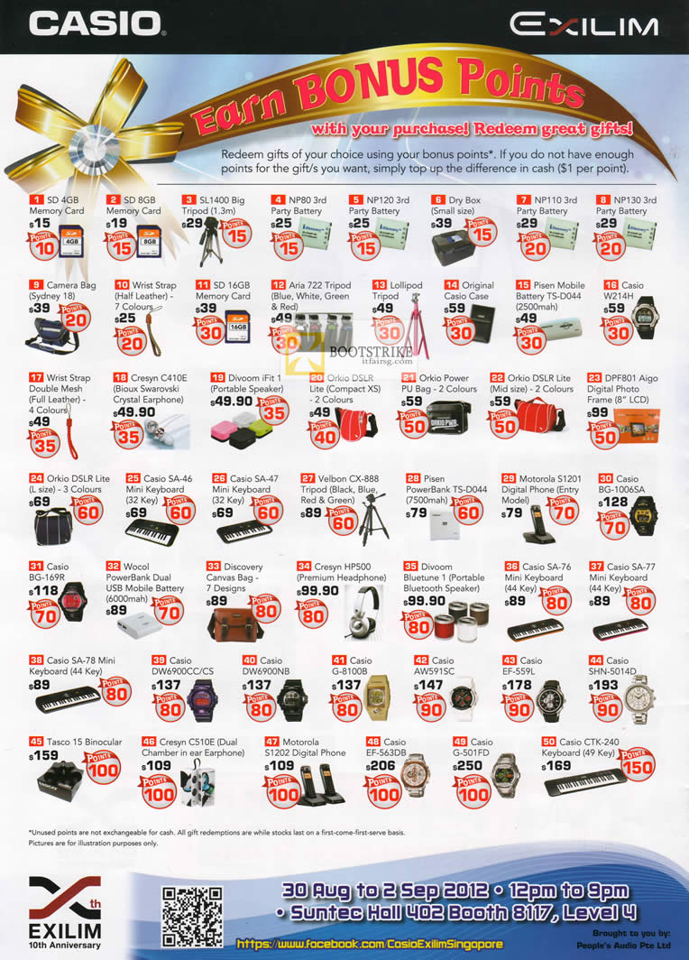 COMEX 2012 price list image brochure of Casio Digital Cameras Exilim Points Gifts Redemption