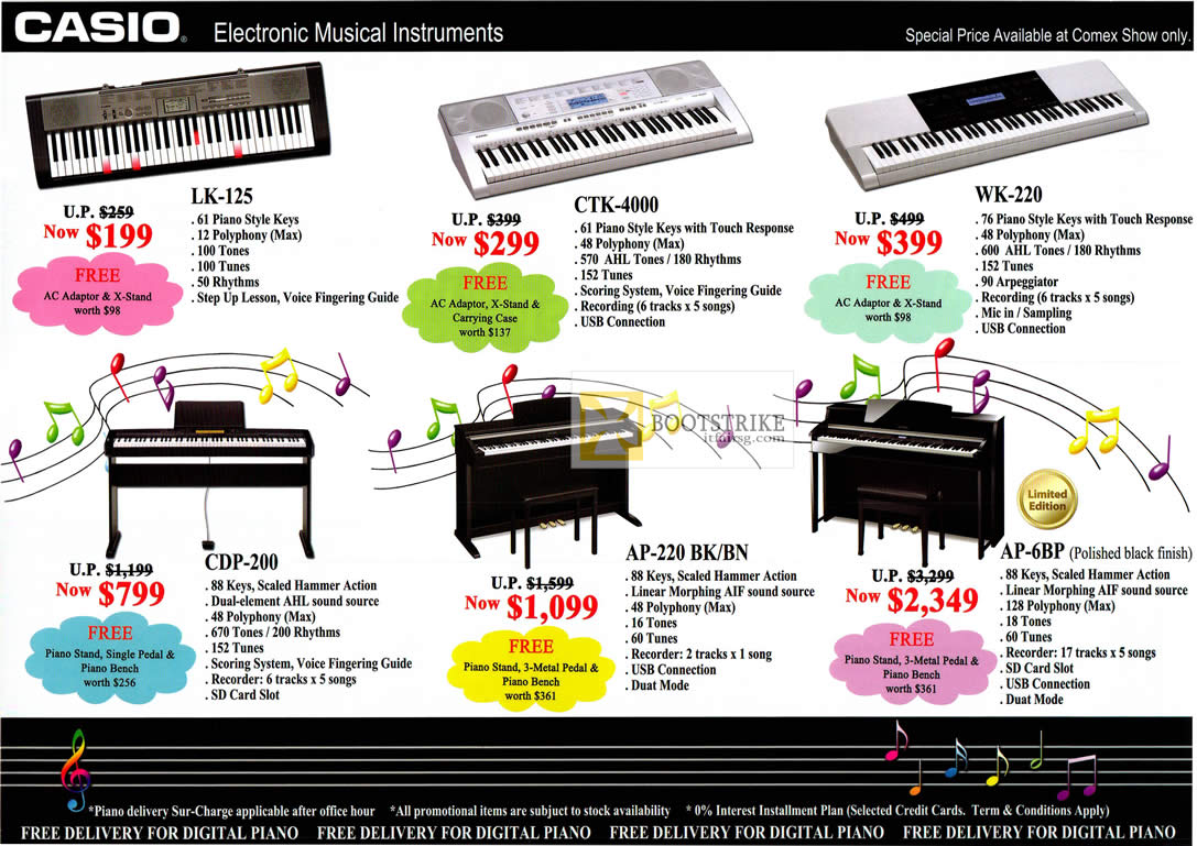 COMEX 2012 price list image brochure of Casio Music Piano Keyboards LK-125, CTK-4000, WK-220, CDP-200, AP-220 BK BN, AP-6BP