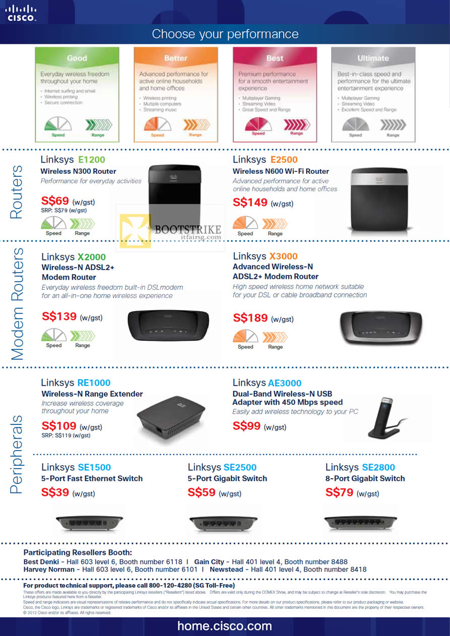 COMEX 2012 price list image brochure of Cisco Linksys Routers E1200, E2500, X2000 ADSL Modem Router, X3000 ADSL2, RE1000 Range Extender, AE3000 USB Adapter, Switch SE1500, SE2500, SE2800