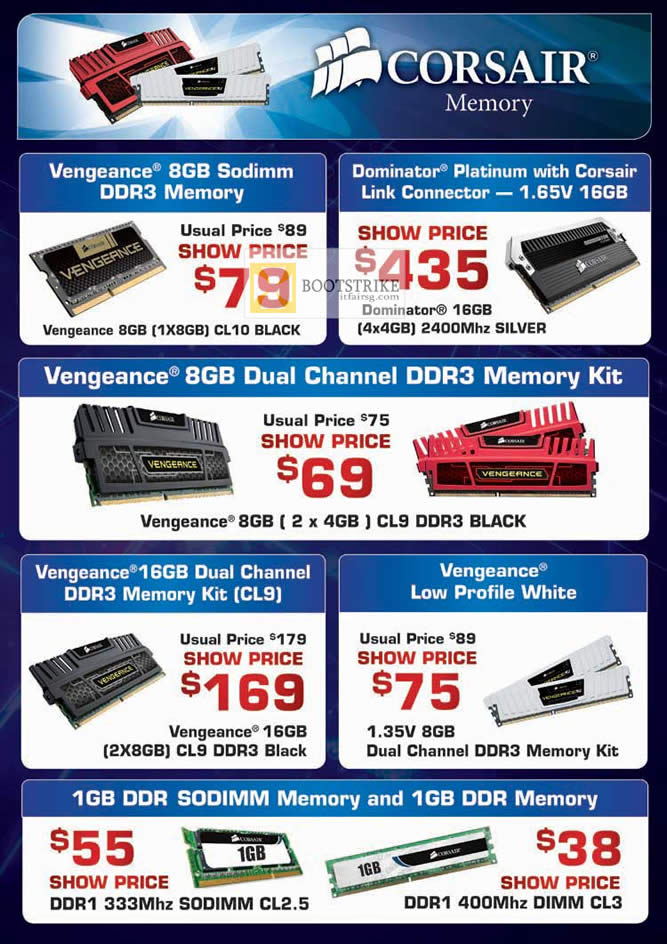COMEX 2012 price list image brochure of Convergent Corsair Memory RAM Vengeance Sodimm DDR3, Dominator Platinum, DDR3 Memory Kit, Vengeance Low Profile White, DDR