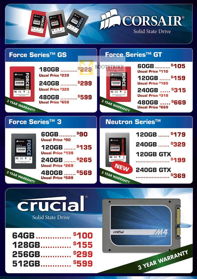 COMEX 2012 price list image brochure of Convergent Corsair SSD Force Series GS, GT, 3, Neutron Series, Crucial SSD