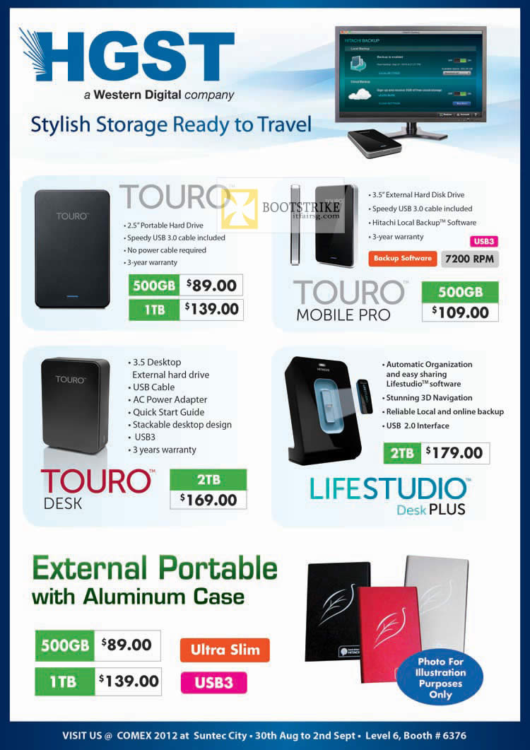 COMEX 2012 price list image brochure of Convergent HGST External Storage Touro, Mobile Pro, Desk, Lifestudio Desk Plus, External Portable Aluminium Case
