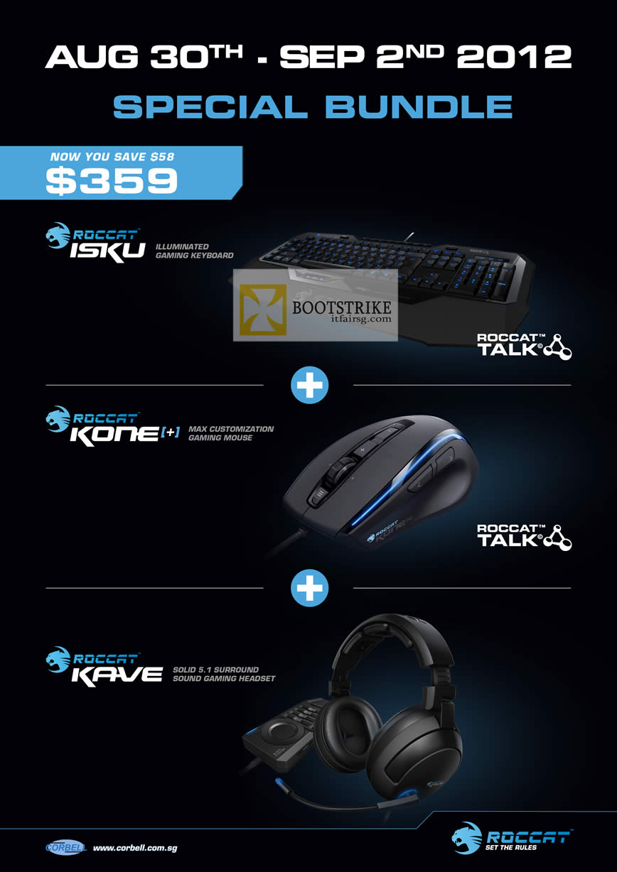 COMEX 2012 price list image brochure of Corbell Roccat Keyboard, Kone Plus Gaming Mouse, Kave Gaming Headset
