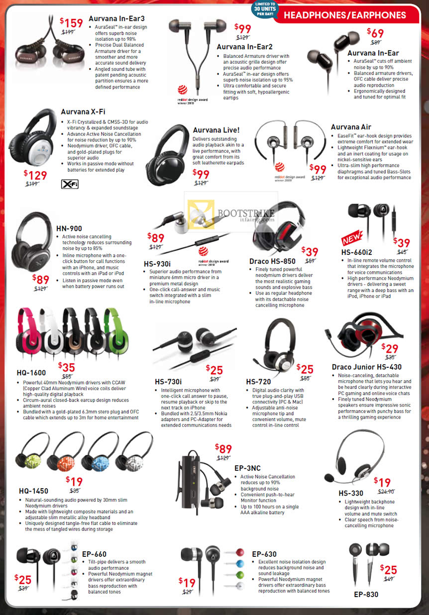 COMEX 2012 price list image brochure of Creative Earphones Aurvana In-Ear X-Fi Live Air, HN-900, HS-930i, Draco HS-850, HS-660i2, Headphones HQ-1600, HS-730i Junior HS-430, HQ-1450, EP 3NC, HS-330