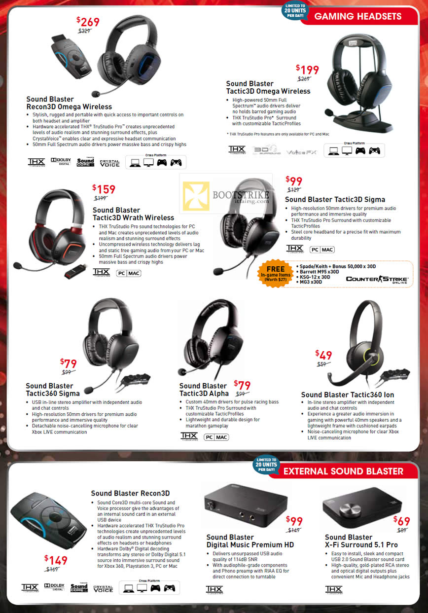COMEX 2012 price list image brochure of Creative Headphones Sound Blaster Recon3D Omega, Tactic3D, Wrath, Sigma, Alpha, Tactic360 Sigma Ion, External Recon3D, Digital Music Premium HD, X-Fi Surround 5.1 Pro