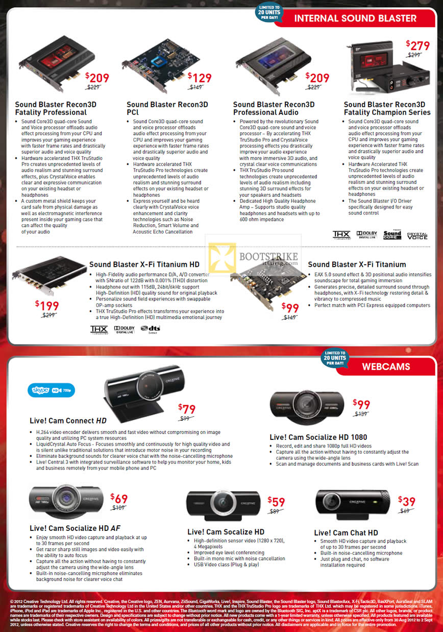 COMEX 2012 price list image brochure of Creative Sound Blaster Cards Recon3D Fatality Professional PCI Audio Champion Series, X-Fi Titanium HD, Webcam Live Cam Conect HD, Socialize HD 1080, AF, Chat HD