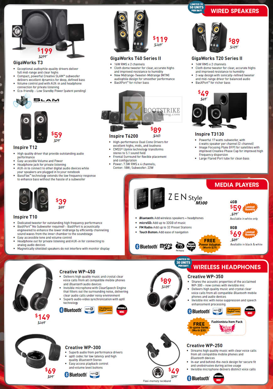 COMEX 2012 price list image brochure of Creative Speakers Gigaworks T3, T40 Series II, T20 Series II, Inspire T12 T600 T3130 T10, Zen Style M300 Media Player, Headphones WP-450 WP-350 WP-300 WP-250